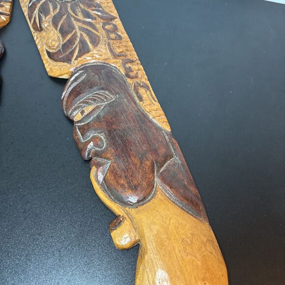 Hand Carved Wooden Wood Tribal Art Smoking No Problem Faces Set Of 2 Tiki Decor - Picture 8 of 9